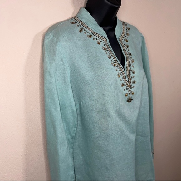 Size 6 Rafaella Linen Blouse Top Mint Teal Beaded Sequined Boho Bohemian - Picture 3 of 14